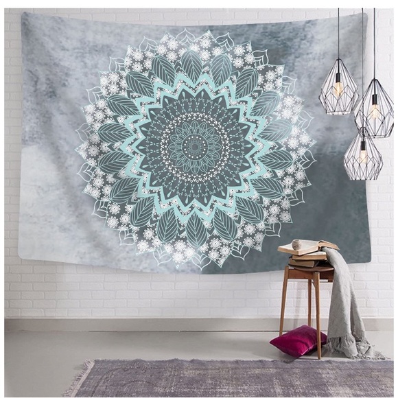 Grey/Teal Mandala Floral Leaf Boho Indie Tapestry/Blanket - Picture 4 of 8